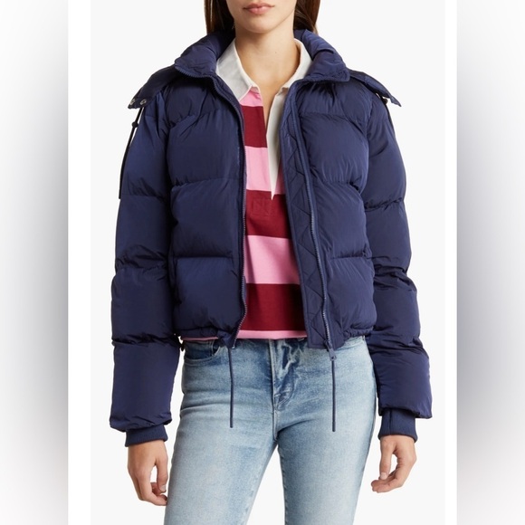 Good American Cropped Iridescent Puffer Blue Rinse OVERSIZED Jacket Sz 2 - Picture 1 of 8